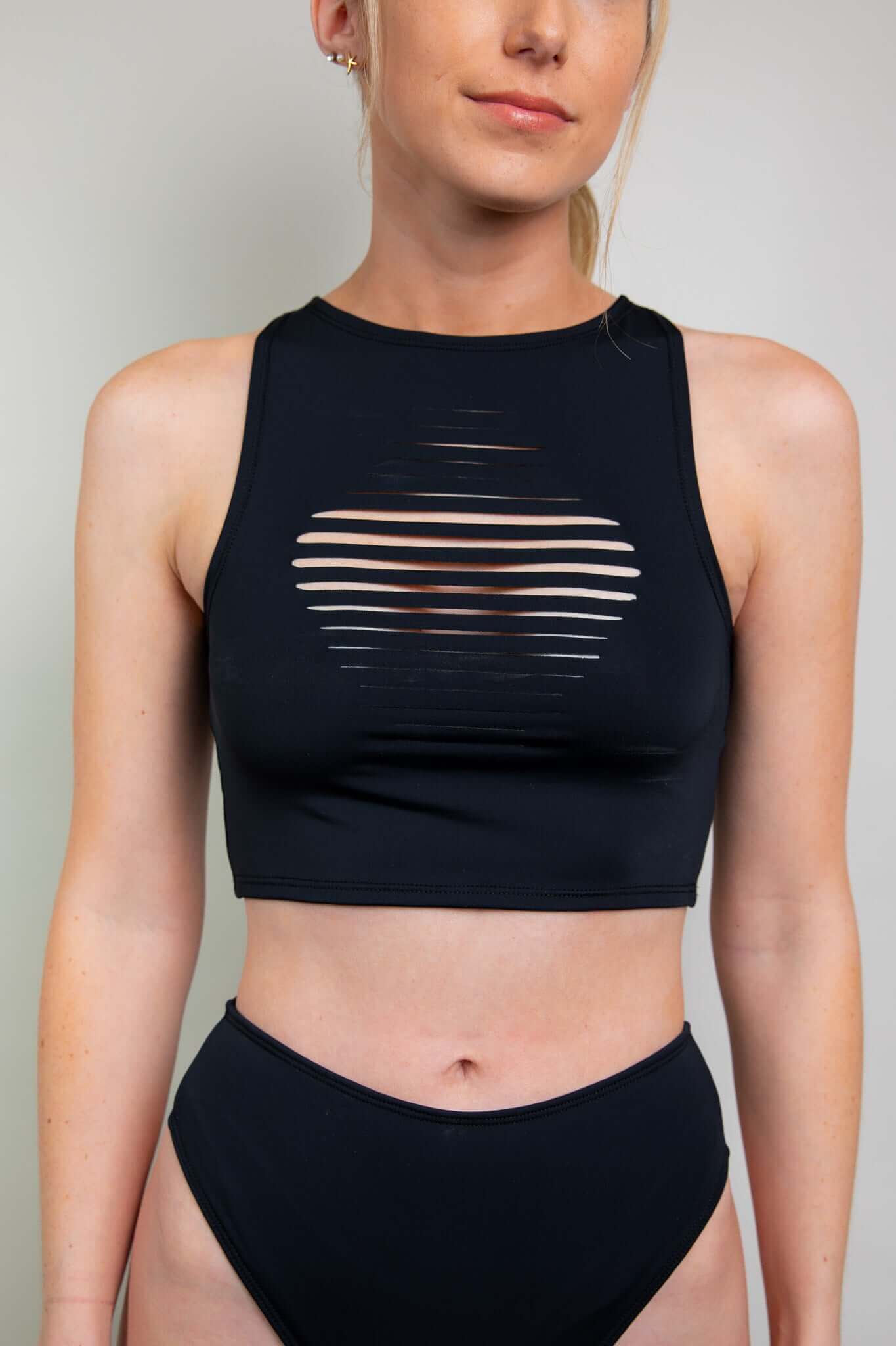 Matte Black Slit Crop Top Freedom Rave Wear Size: Small