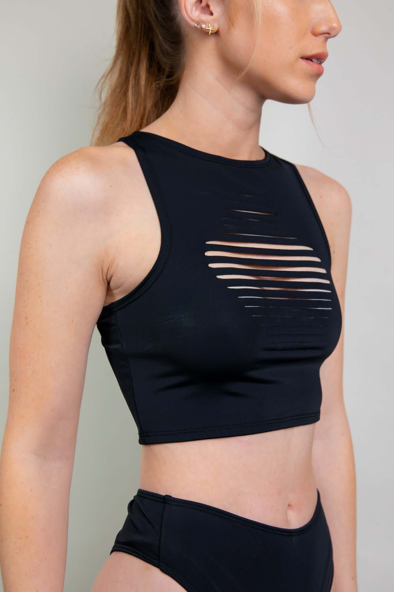 Matte Black Slit Crop Top Freedom Rave Wear Size: Small