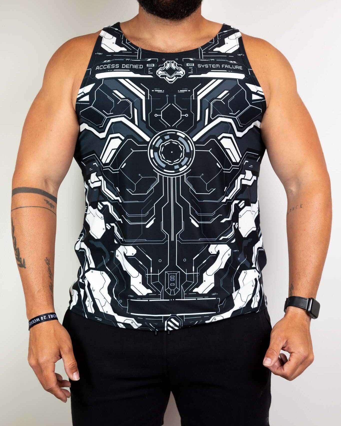 Mechanoid Unisex Tank Top in black featuring a futuristic design, perfect for rave outfits and casual style.