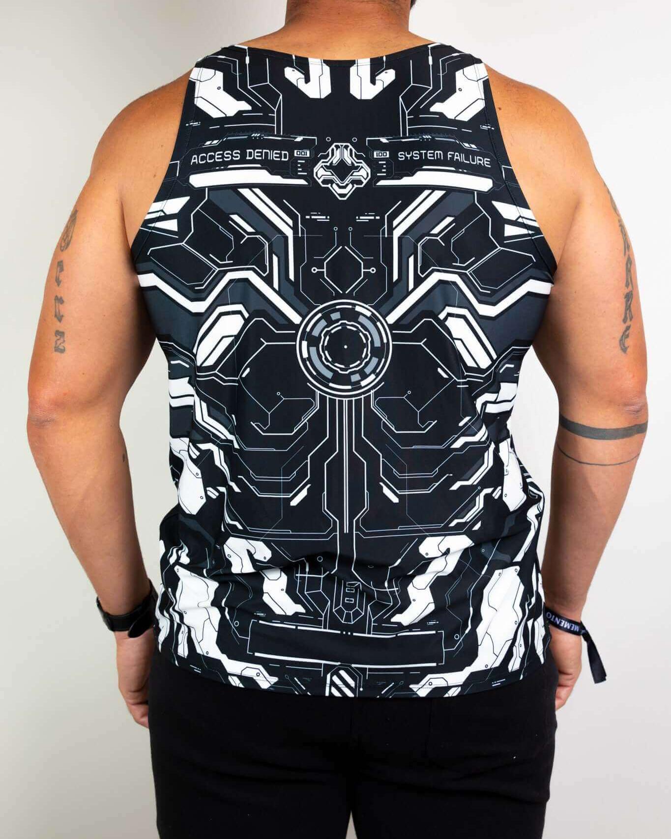 Back view of Mechanoid Unisex Tank Top in black with circuit design, perfect for rave outfits and comfort.