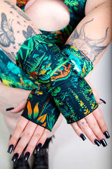 Colorful Mesozoic Gloves featuring vibrant jungle print, perfect for rave outfits and headbanging fun.