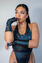 Black sparkle Midnight Gloves styled with a chic outfit, perfect for rave outfits and ultimate comfort.