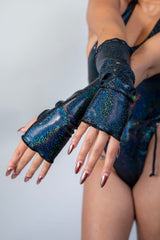 Midnight Gloves with black sparkle design, perfect for stylish rave outfits, showcasing thumb holes for added functionality.