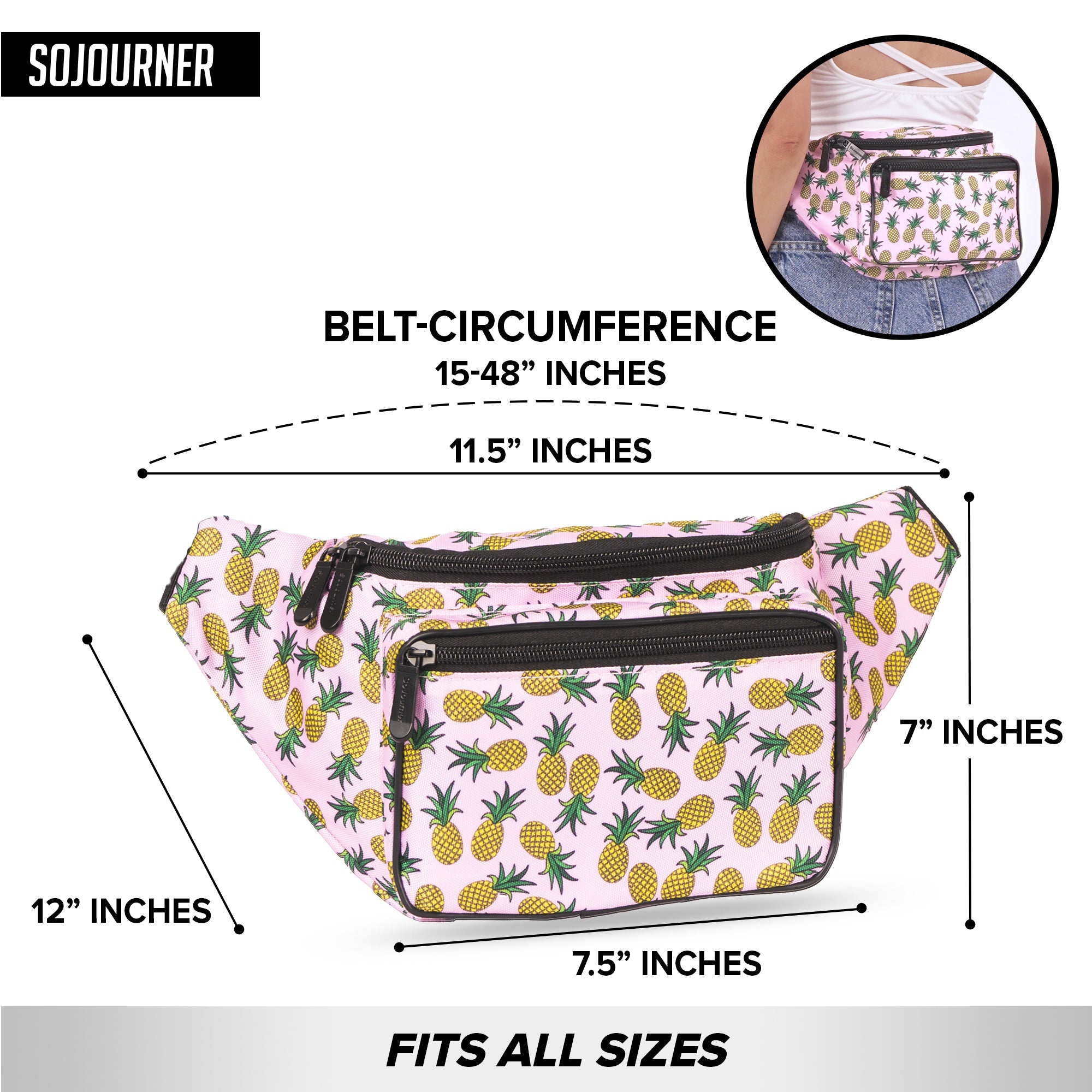 Fanny Pack (Solids) with pineapple design, spacious 3-pocket system, adjustable belt, fits all sizes, perfect for rave outfits.