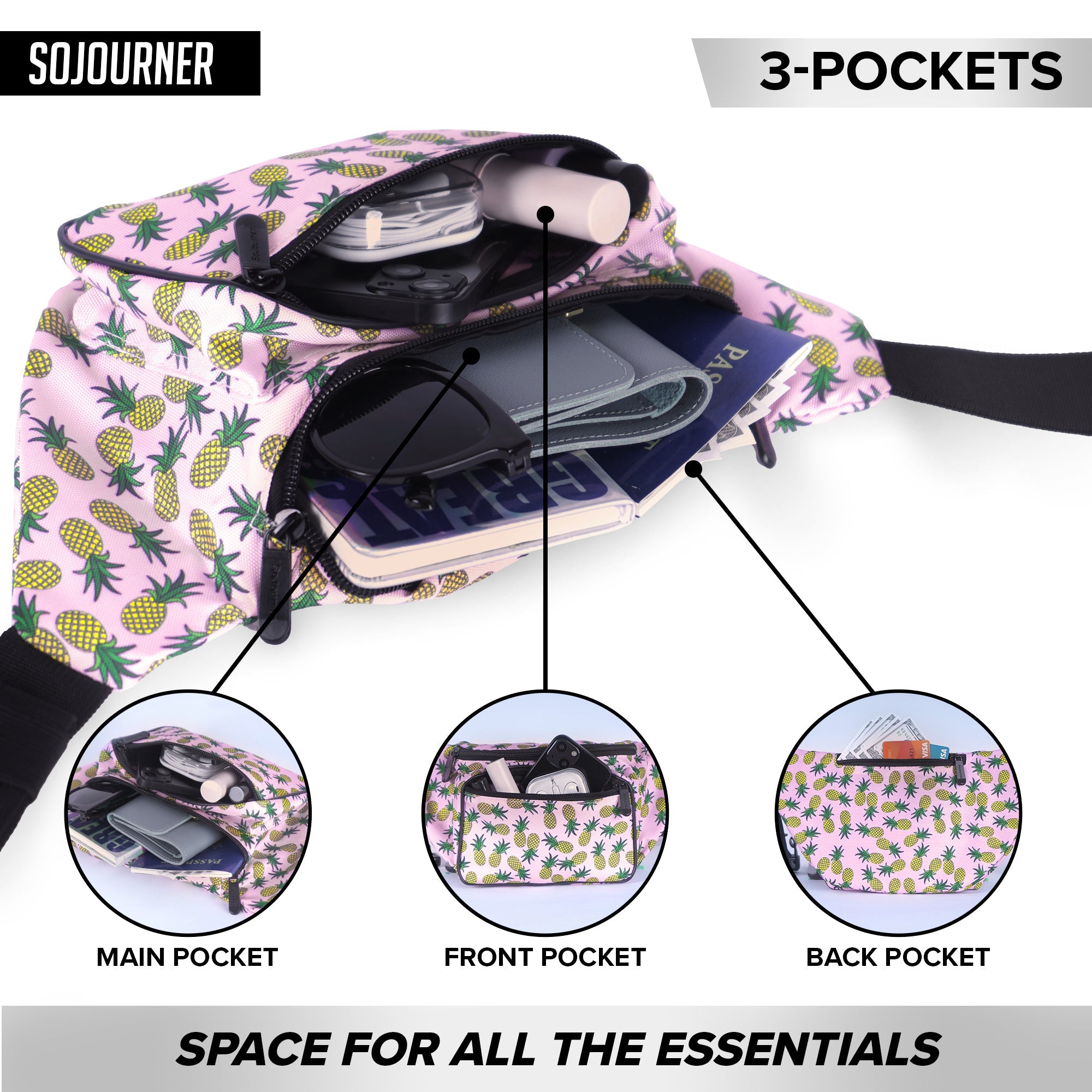 Fanny Pack (Solids) with 3-pocket design showing organized storage for essentials, ideal for rave outfits.