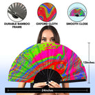 Colorful Festival Fans held by a woman, showcasing vibrant design for raves and parties.