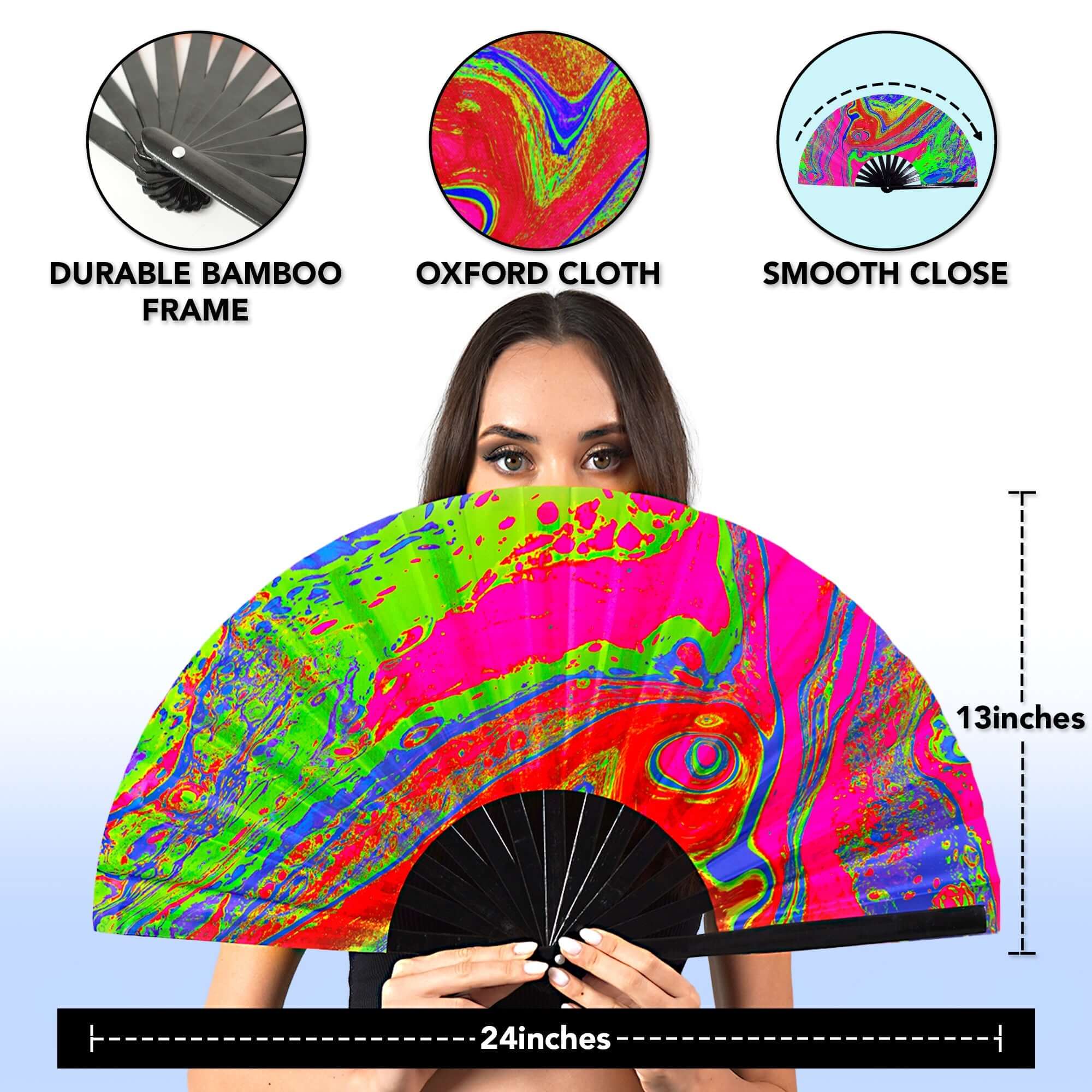 Colorful Festival Fans held by a woman, showcasing vibrant design for raves and parties.