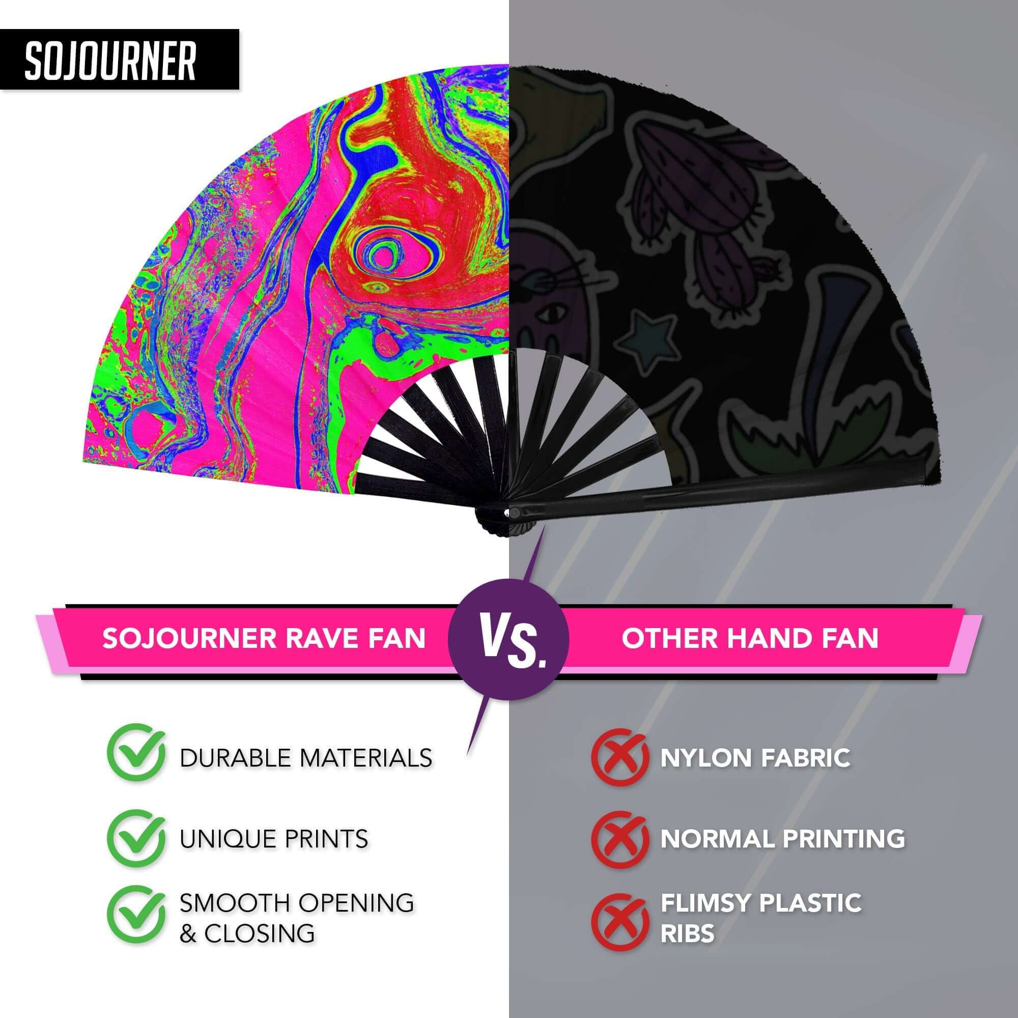 Comparison of SoJourner Festival Fans with unique prints versus other hand fans.