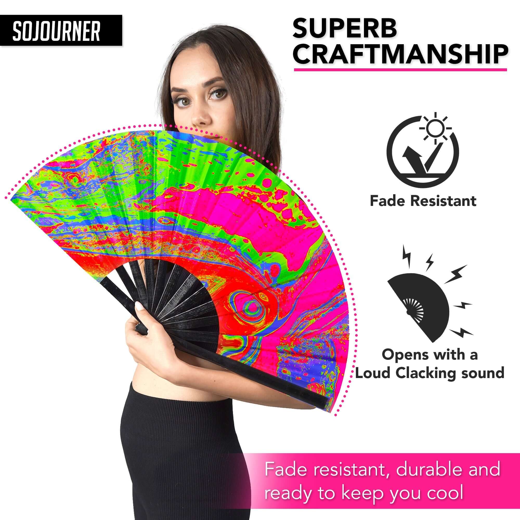 Festival Fans by SoJourner featuring a vibrant, holographic design, perfect for rave outfits and keeping cool at events.