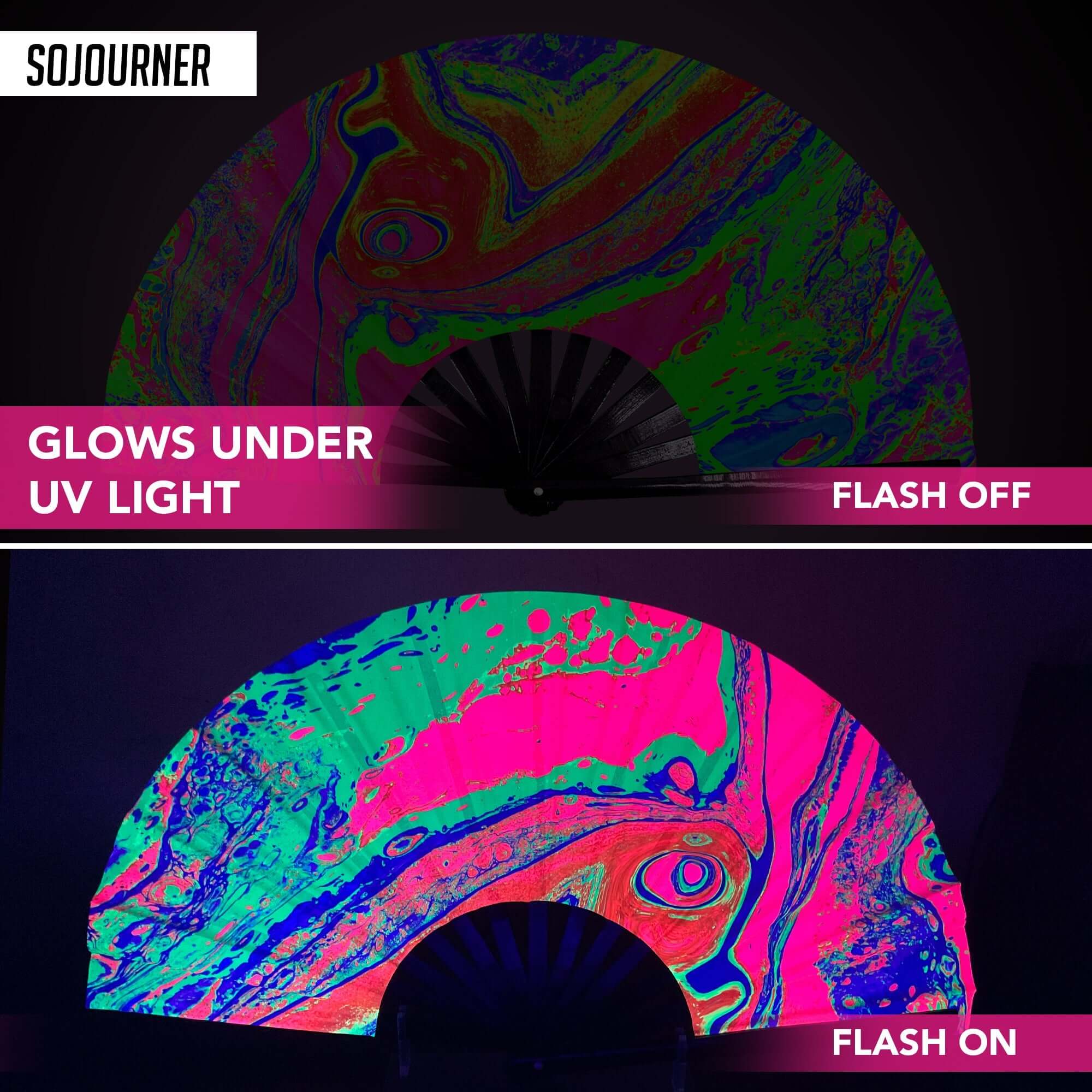 Festival Fans glowing under UV light, showcasing vibrant colors for rave outfits, perfect for festivals and parties.