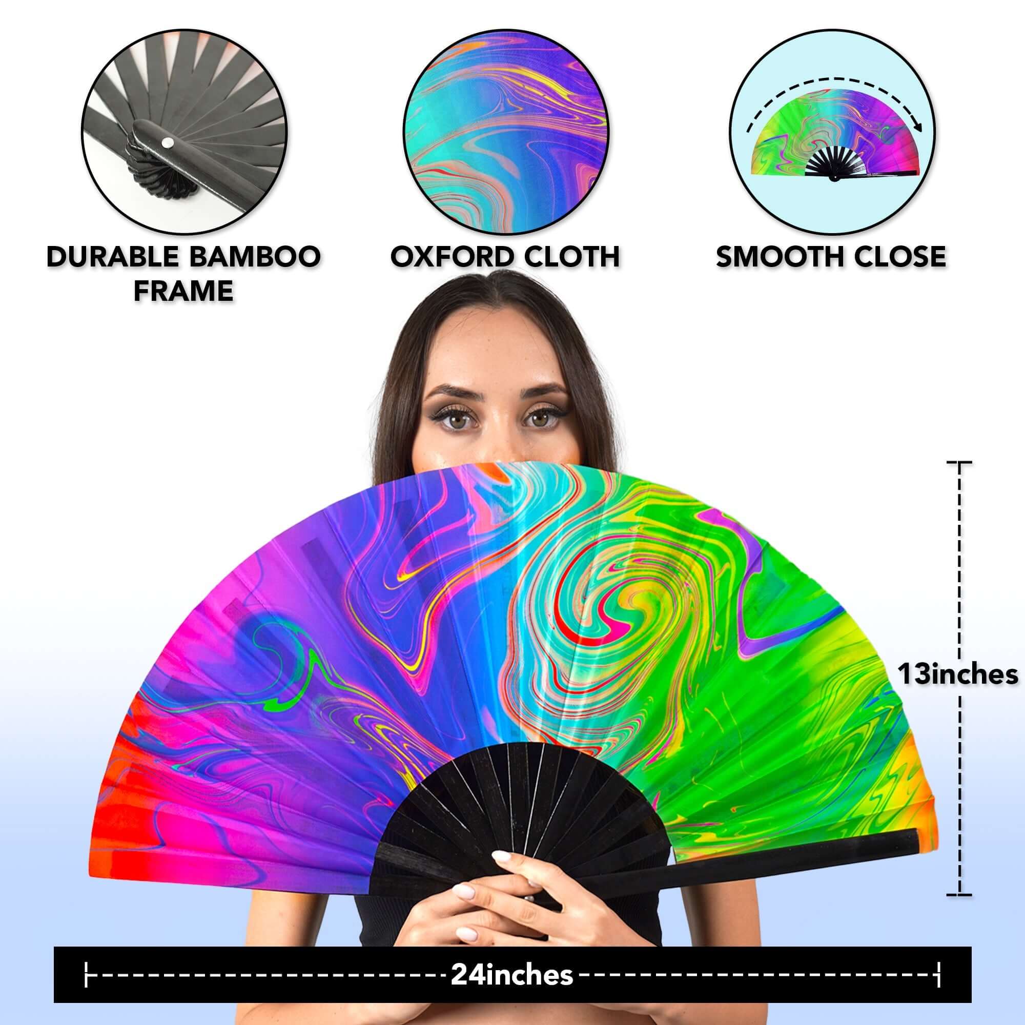 Vibrant Festival Fans with a durable bamboo frame, featuring a colorful swirl design, ideal for rave outfits.