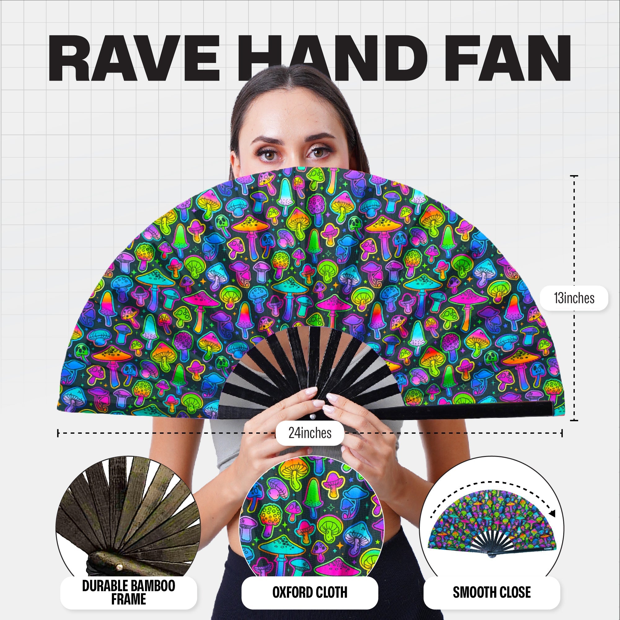 Festival Fans in vibrant colors held by a woman, showcasing durable bamboo frame and stylish design for raves.