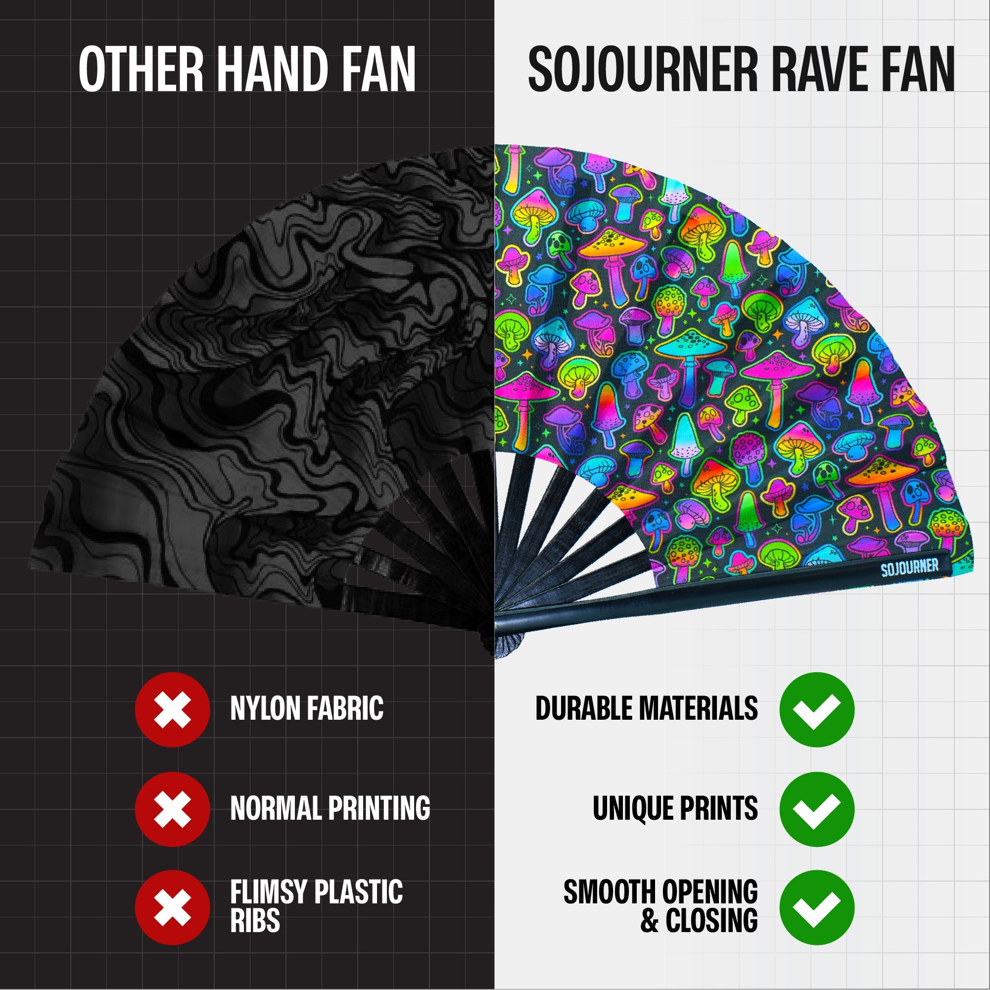 Comparison of SoJourner Festival Fans and other hand fans, highlighting durability and unique designs.