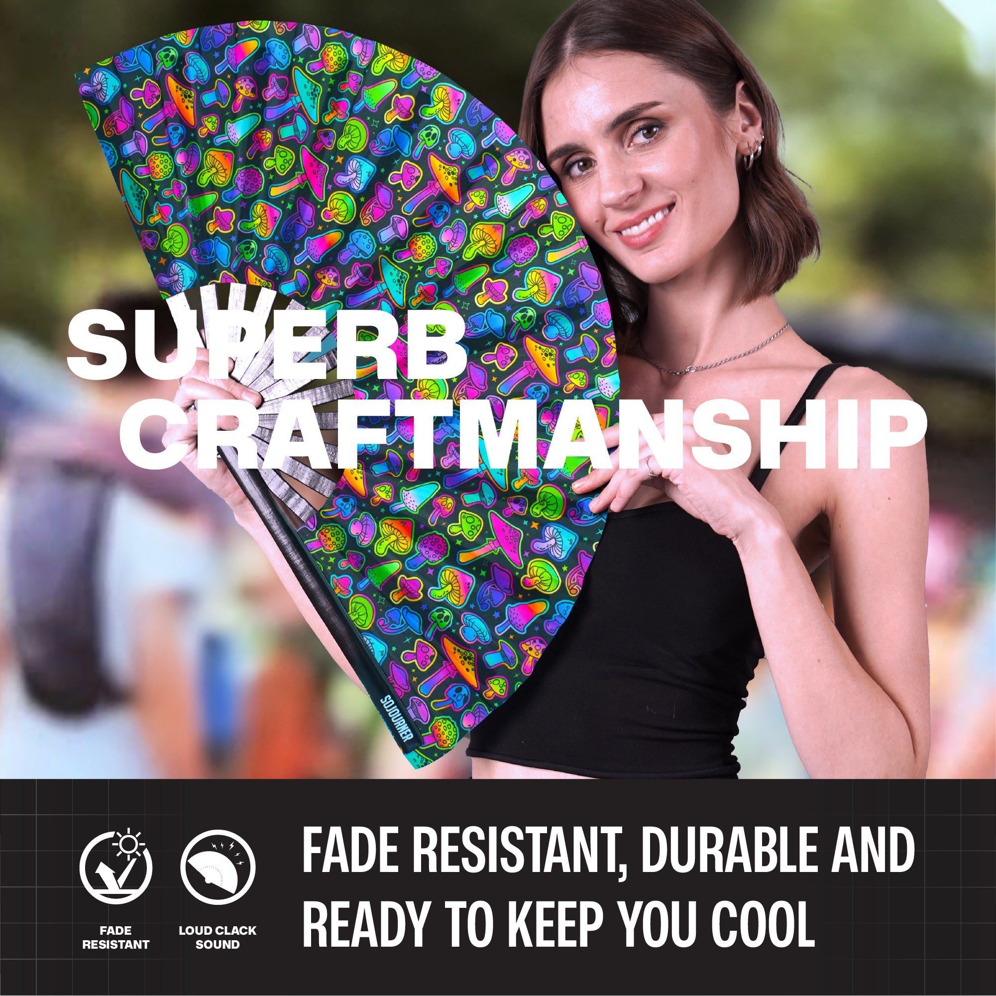 Festival Fans - Large folding fan with vibrant design, perfect for keeping cool at raves and festivals.