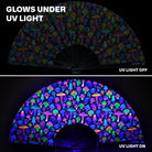 Festival Fans glow under UV light showcasing vibrant, quirky designs ideal for rave outfits.