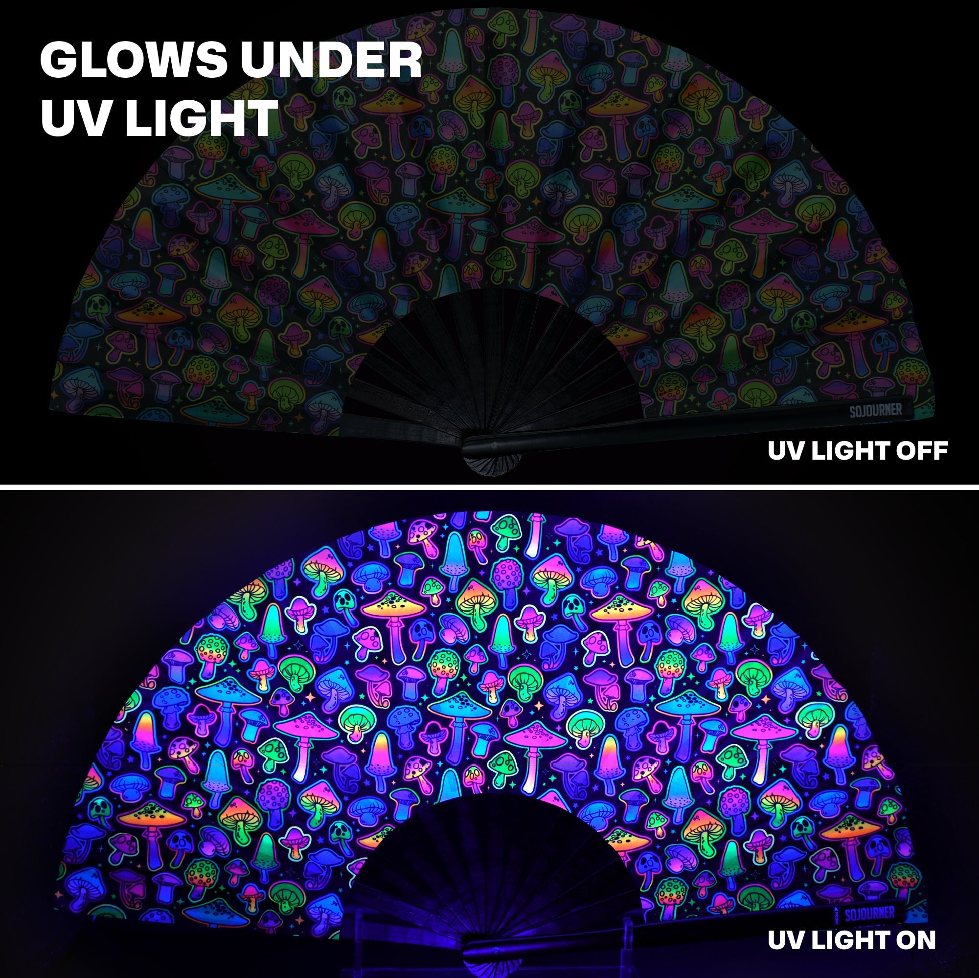 Festival Fans glow under UV light showcasing vibrant, quirky designs ideal for rave outfits.
