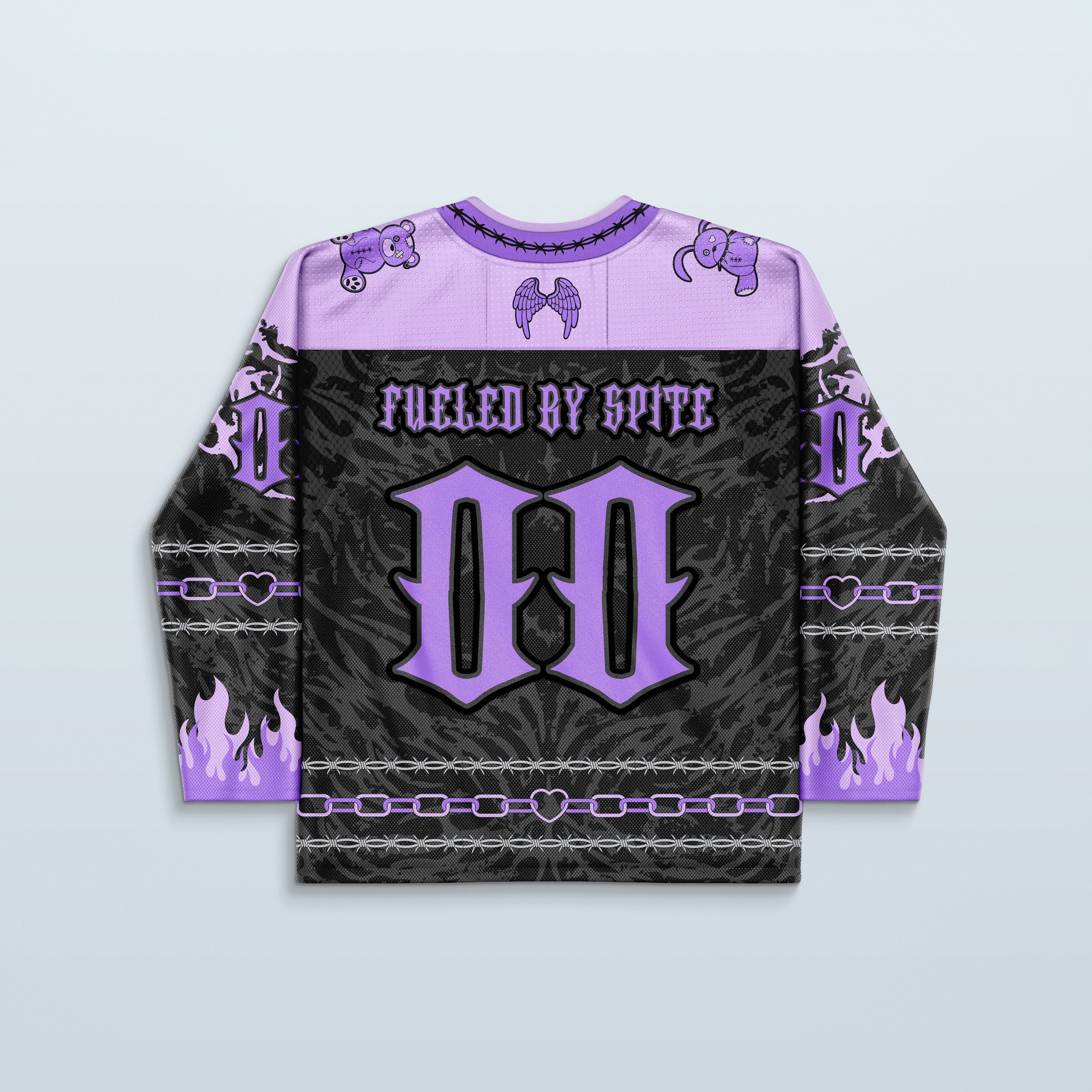 Cute but Psycho Hockey Jersey V2 in purple and black, featuring a unique design with flames and playful graphics.