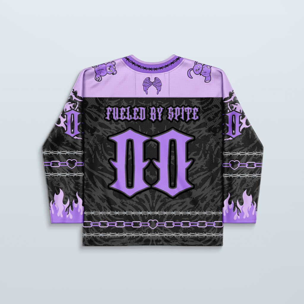 Cute but Psycho Hockey Jersey V2 in purple and black, featuring a unique design with flames and playful graphics.
