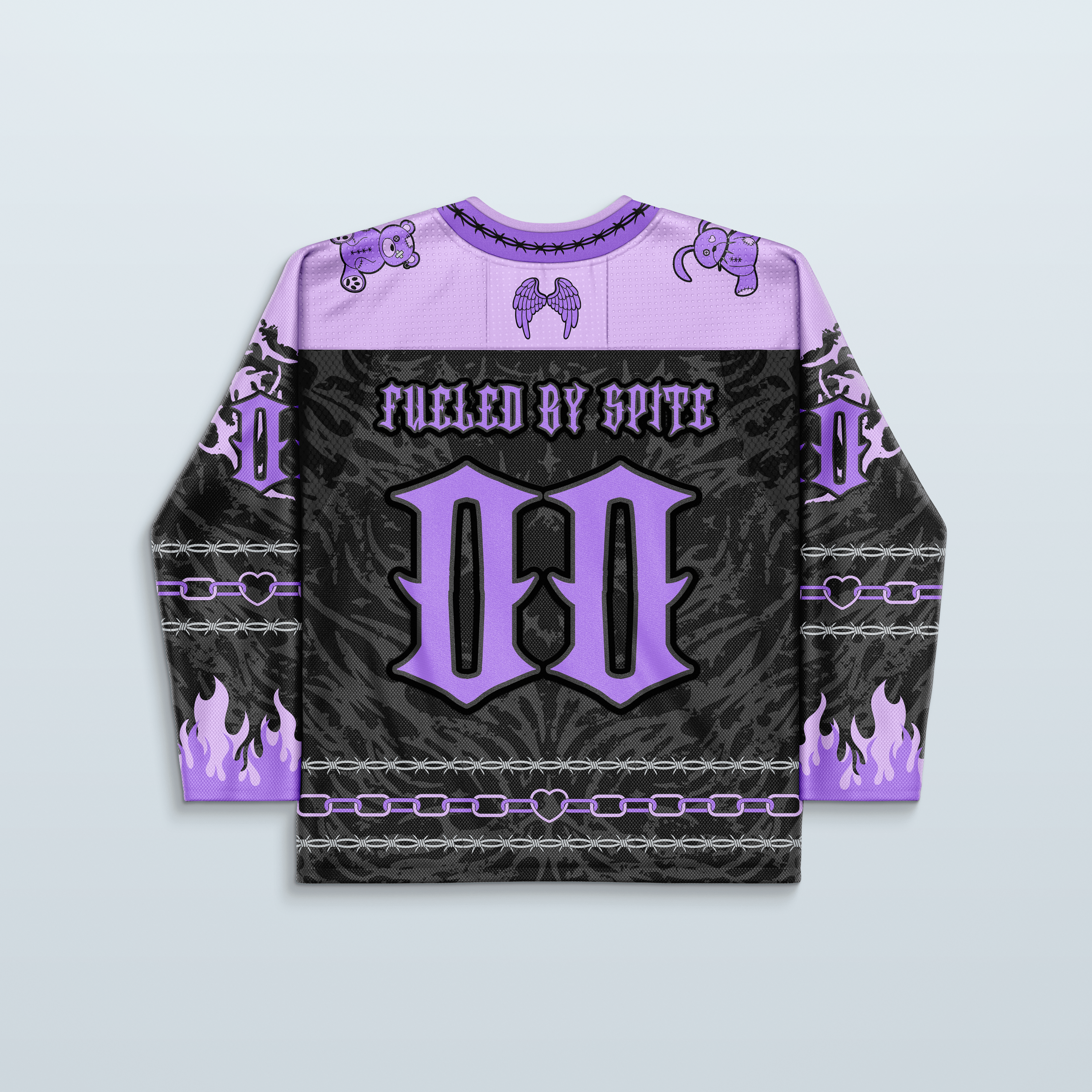 Cute but Psycho Hockey Jersey V2 in purple and black, featuring a unique design with flames and playful graphics.