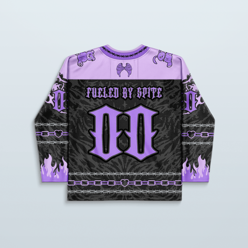 Cute but Psycho Hockey Jersey V2 in purple and black, featuring a unique design with flames and playful graphics.