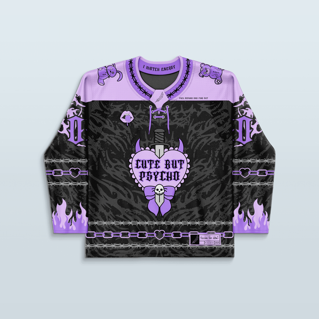 Cute But Psycho Hockey Jersey in purple featuring unique designs, skulls, and flames for a daring look.
