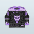 Cute But Psycho Hockey Jersey in purple featuring unique designs, skulls, and flames for a daring look.