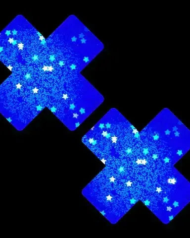 Purple glitter blacklight reactive star-pattern nipple cover pasties for rave outfits.