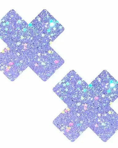 Purple glitter Nipztix pasties with star accents, perfect for rave outfits and blacklight environments.