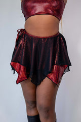 Vibrant red sparkly Phoenix Fairy Skirt with double layers, perfect for rave outfits and adding magic to your look.