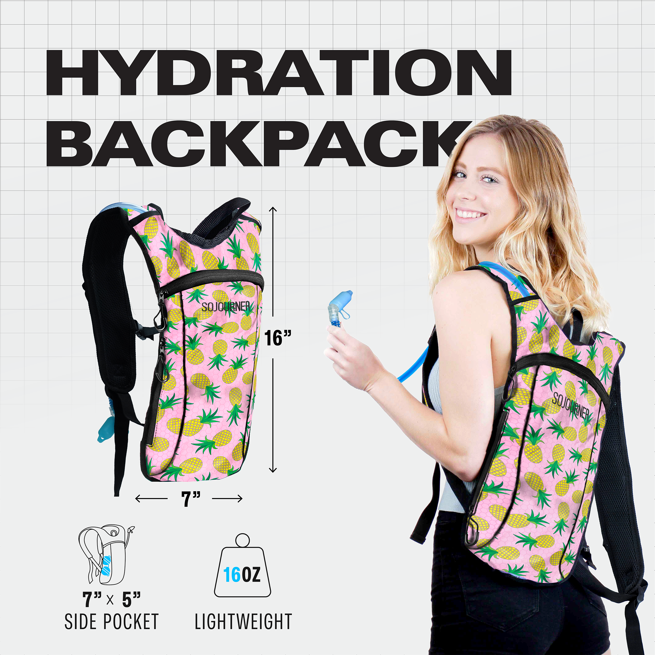 Hydration Pack Backpack (Small) with vibrant design, lightweight, adjustable straps, and side pocket for convenient use.