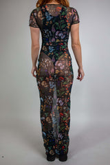 Back view of Poison Mesh Baby Tee Maxi Dress featuring floral and skull print, perfect for rave outfits.