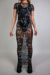 front view of a long sheer dress from freedom rave wear poison collection