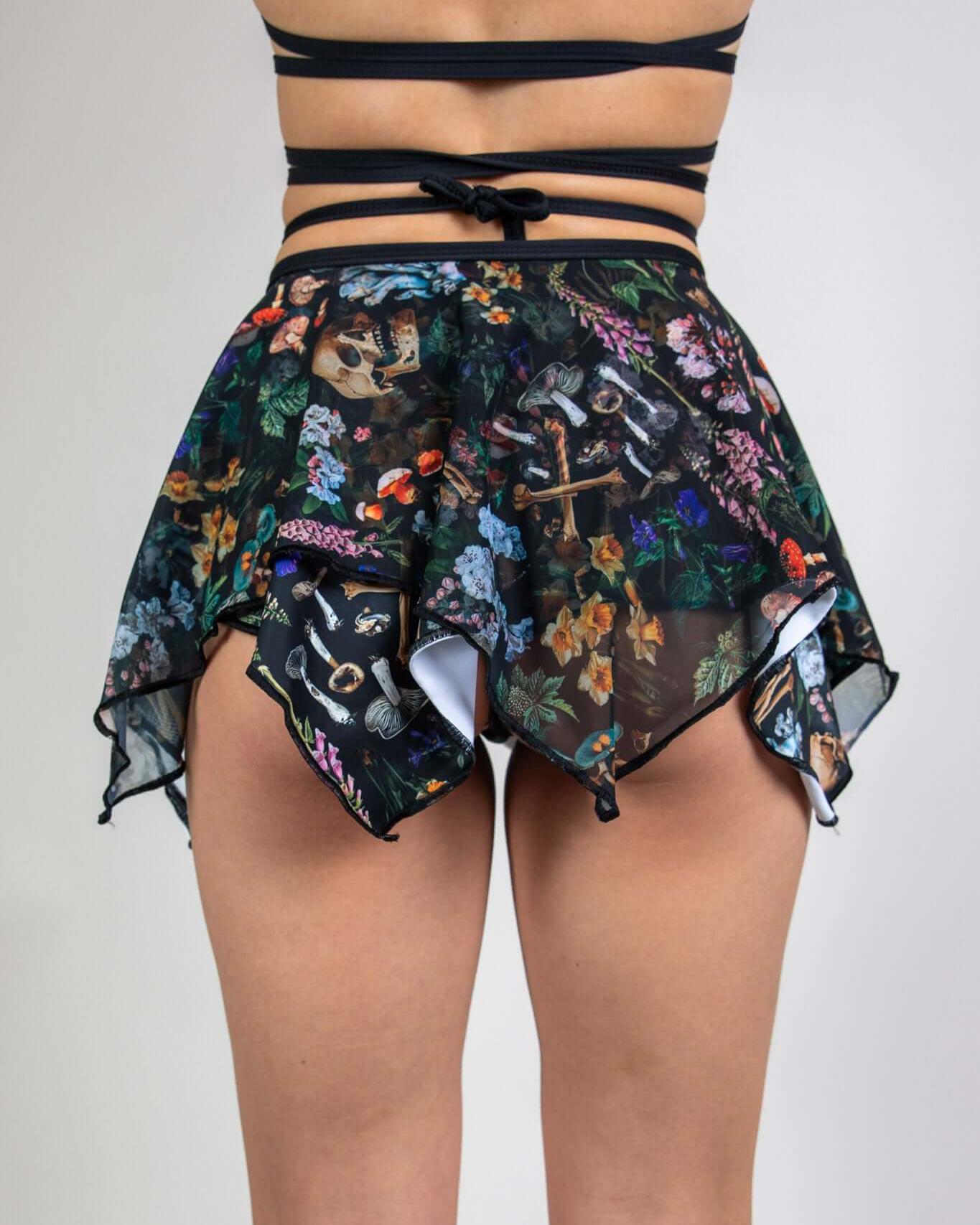 Back view of the Poison Fairy Skirt with skulls and flowers, perfect for rave outfits and festivals.