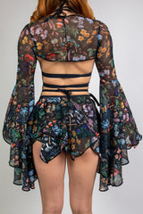 Poison Mesh Bell Sleeves with vibrant skull and floral print, perfect for rave outfits and festival fashion.