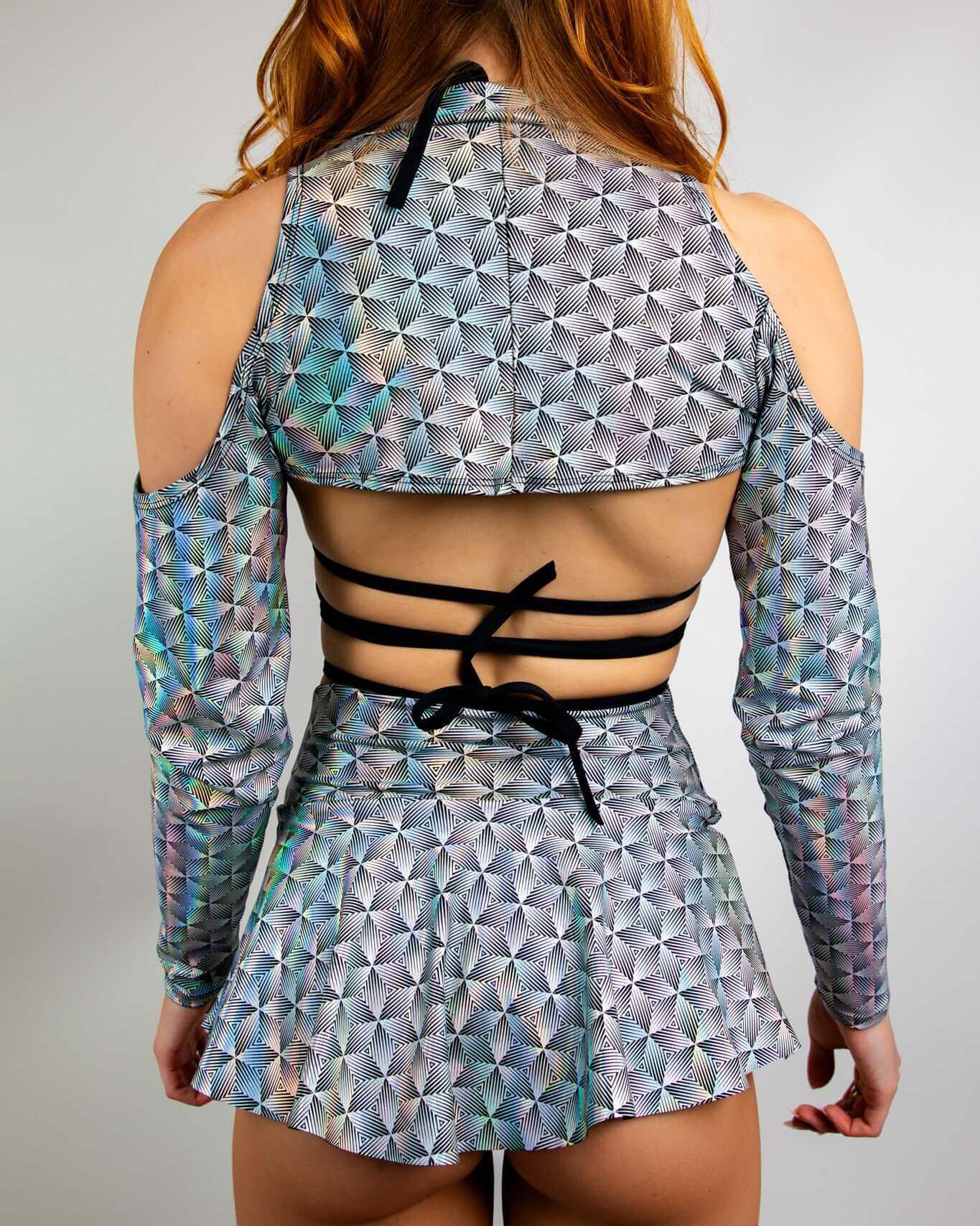 Back view of Prism Spectra Sleeves featuring futuristic shoulder cutout design, ideal for rave outfits.