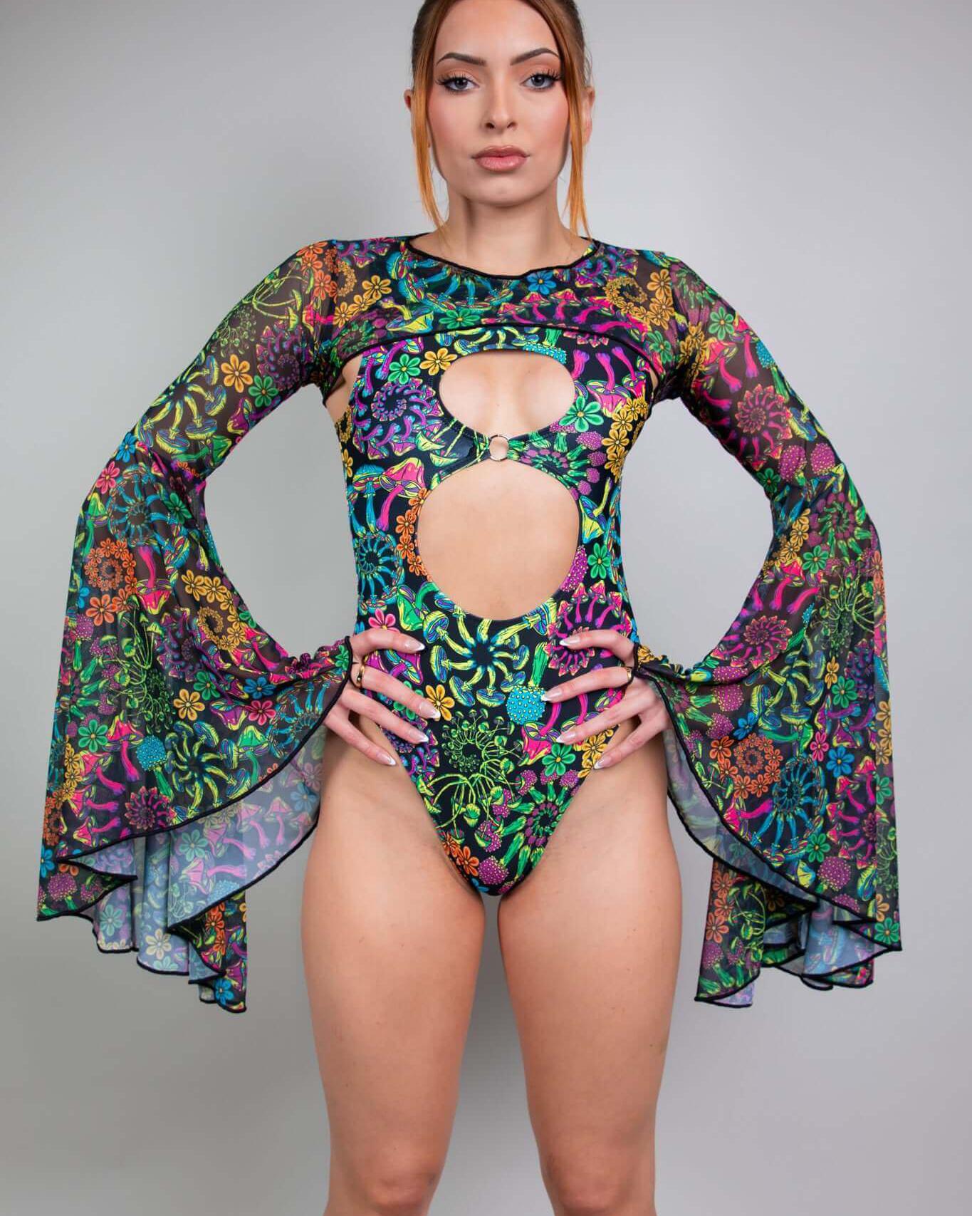 PsyBloom mesh bell sleeves bodysuit with vibrant floral pattern, perfect for rave outfits and ethereal looks.