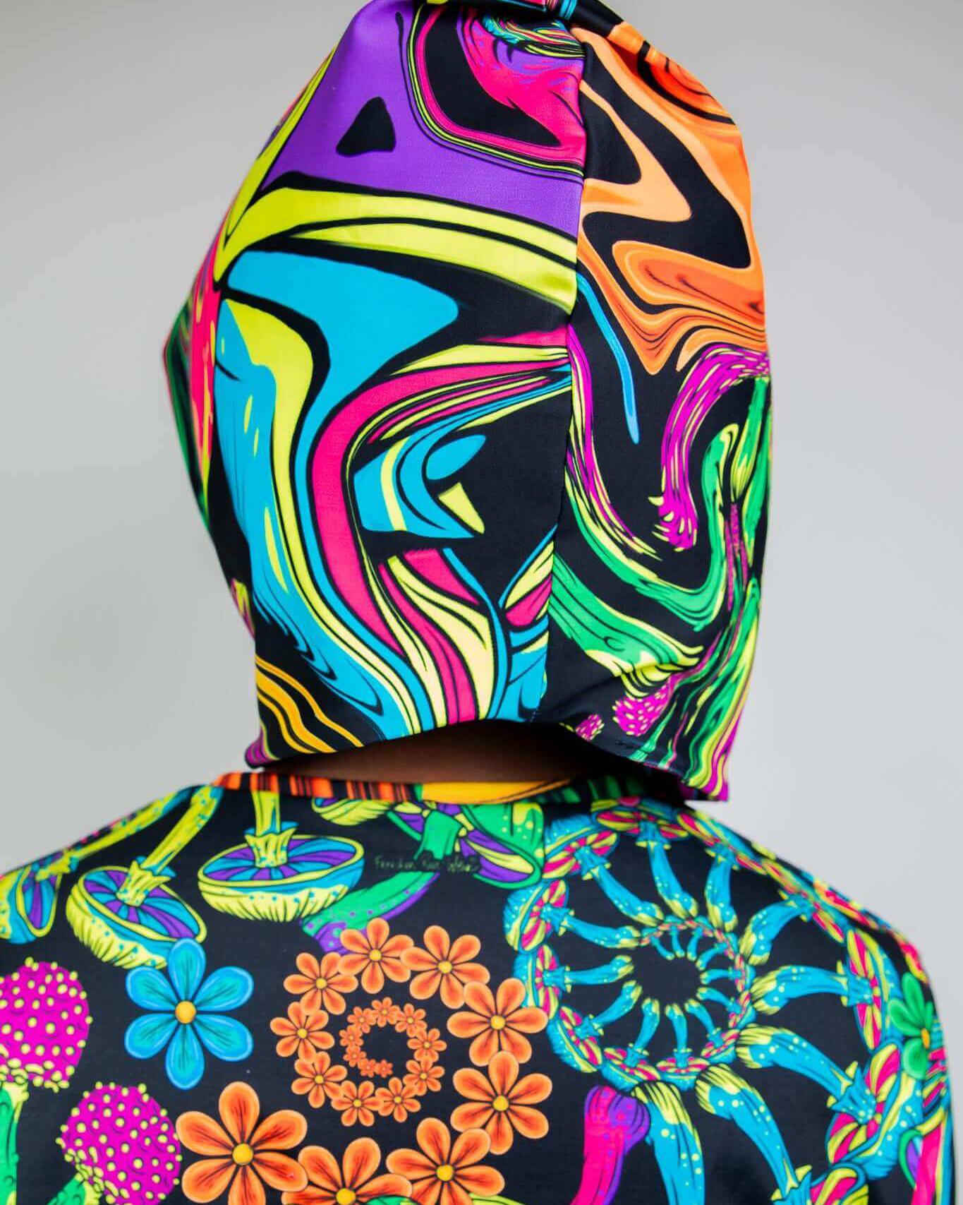 Colorful PsyBloom Assassin Hood featuring vibrant patterns, perfect for rave outfits and festival wear.