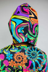Back view of a vibrant, multicolored Freedom Rave Wear hood featuring a psychedelic swirl and floral design.