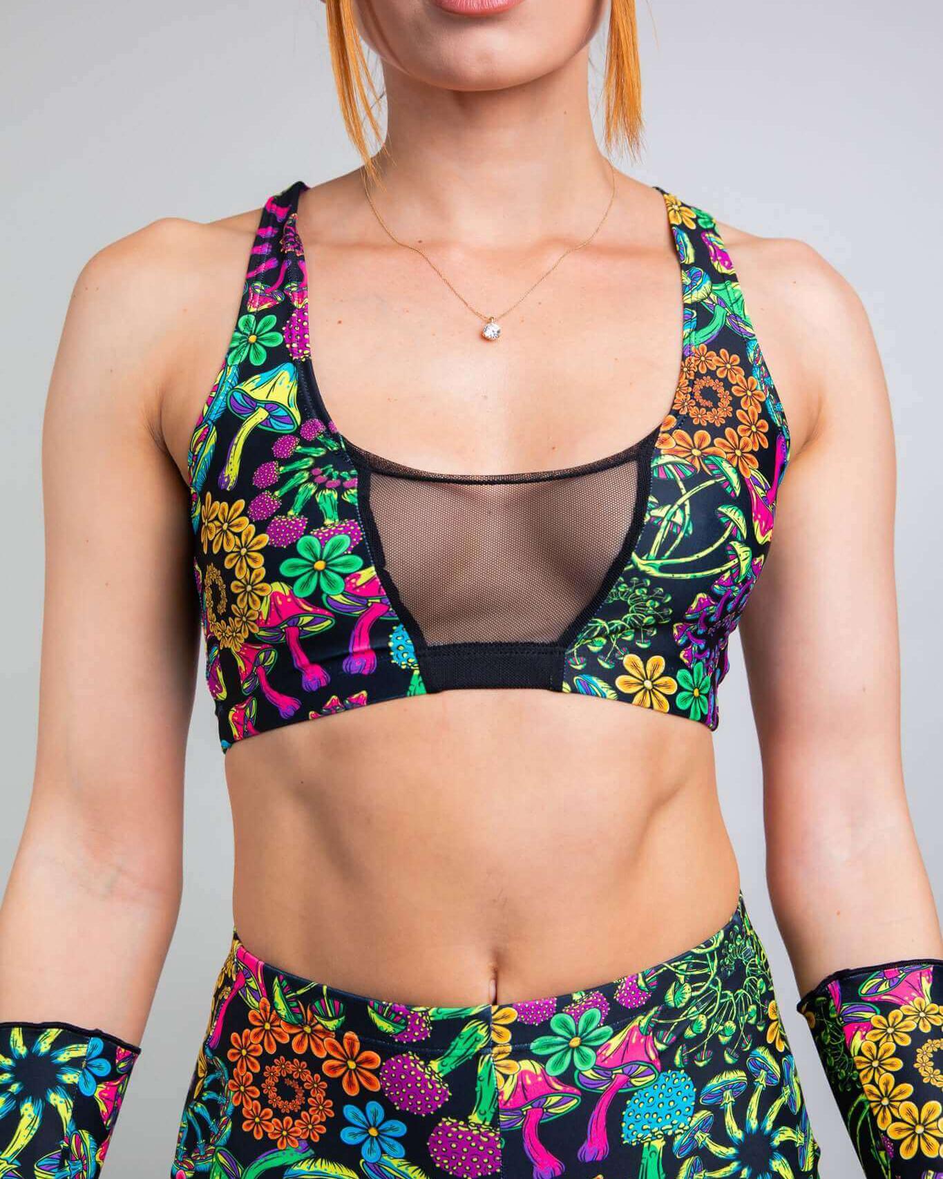 PsyBloom V Free Top with vibrant floral design and mesh insert, perfect for rave outfits and dancing.