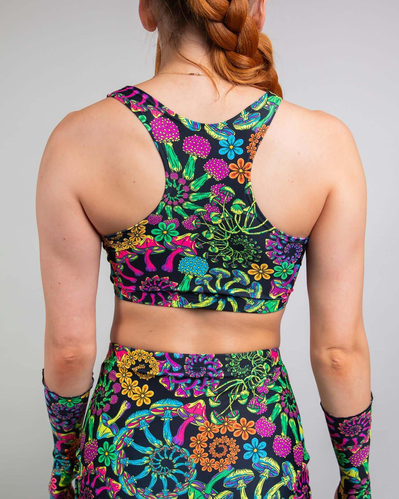 Back view of the PsyBloom V Free Top with colorful mushroom and floral design, perfect for rave outfits.