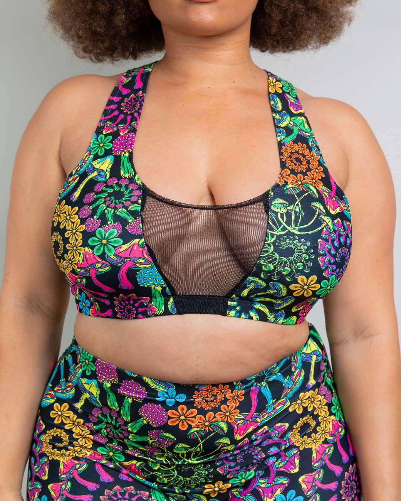 PsyBloom V Free Top with mesh v insert, featuring colorful mushroom and floral design, perfect for rave outfits.