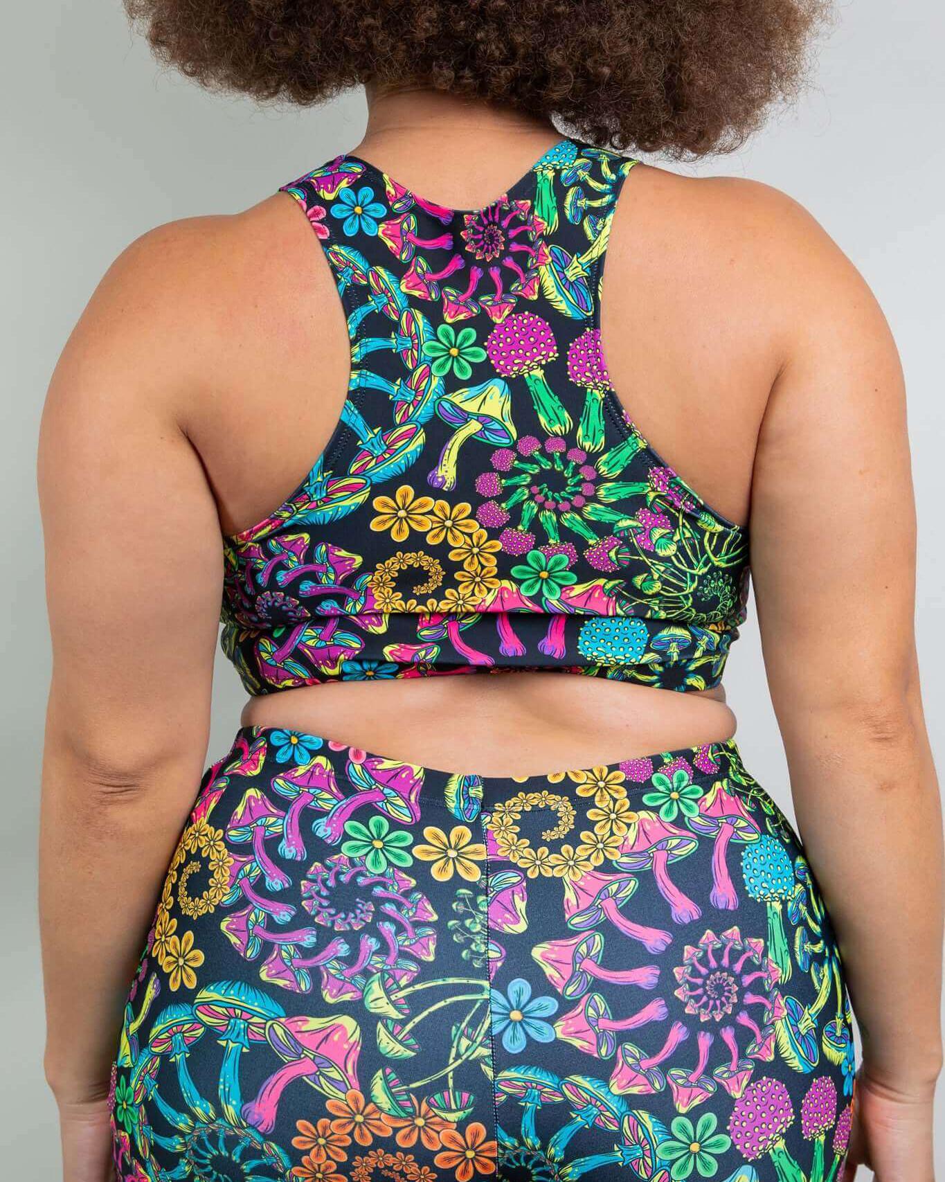 Colorful back view of the PsyBloom V Free Top, showcasing its trippy mushroom design, perfect for rave outfits.