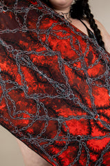 Purgatory festival scarf featuring a striking red and black design with barbed wire print, perfect for rave outfits.