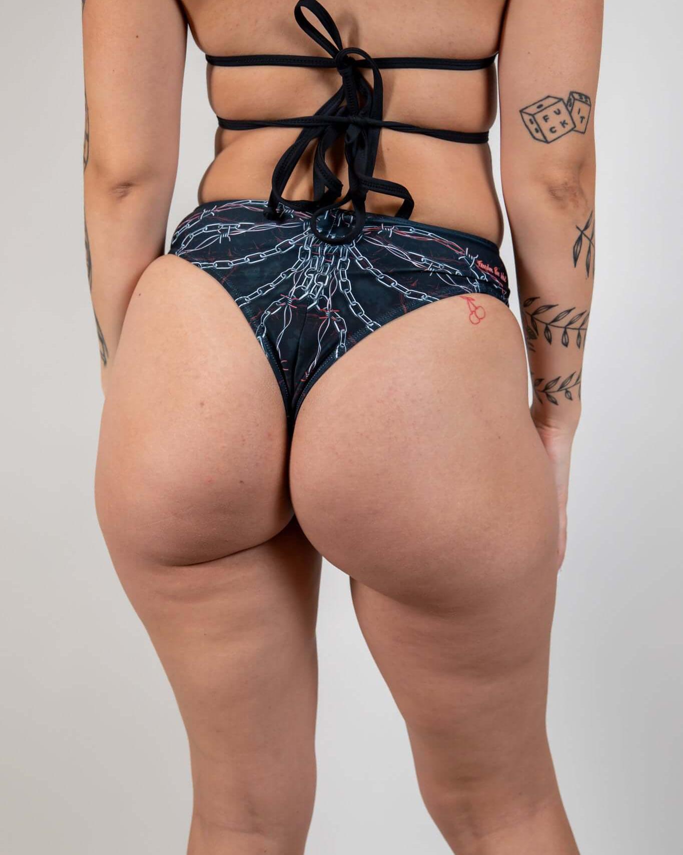 Purgatory High Waisted Thong showcasing bold chain graphic, high waist design, perfect for rave outfits.