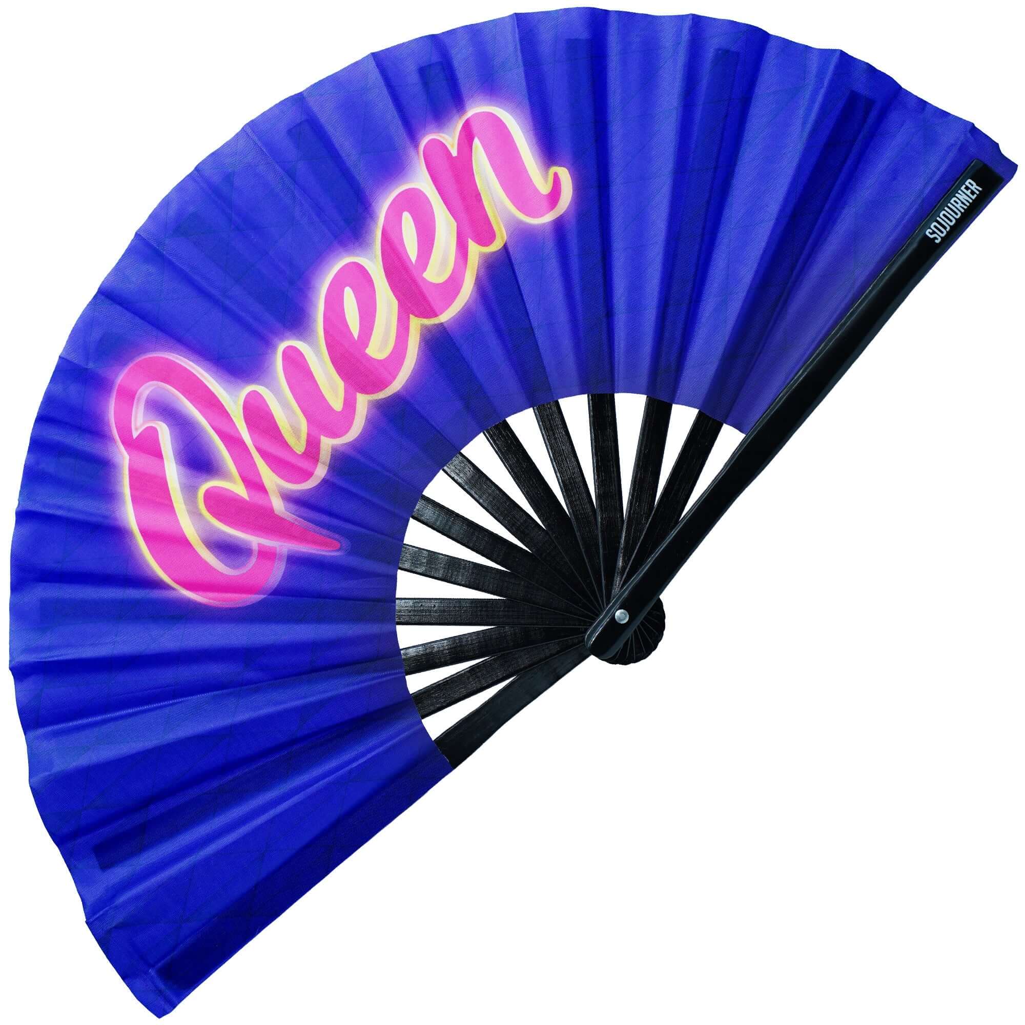 Festival Fans - Large folding fan with 'Queen' text, perfect for raves and drag performances.