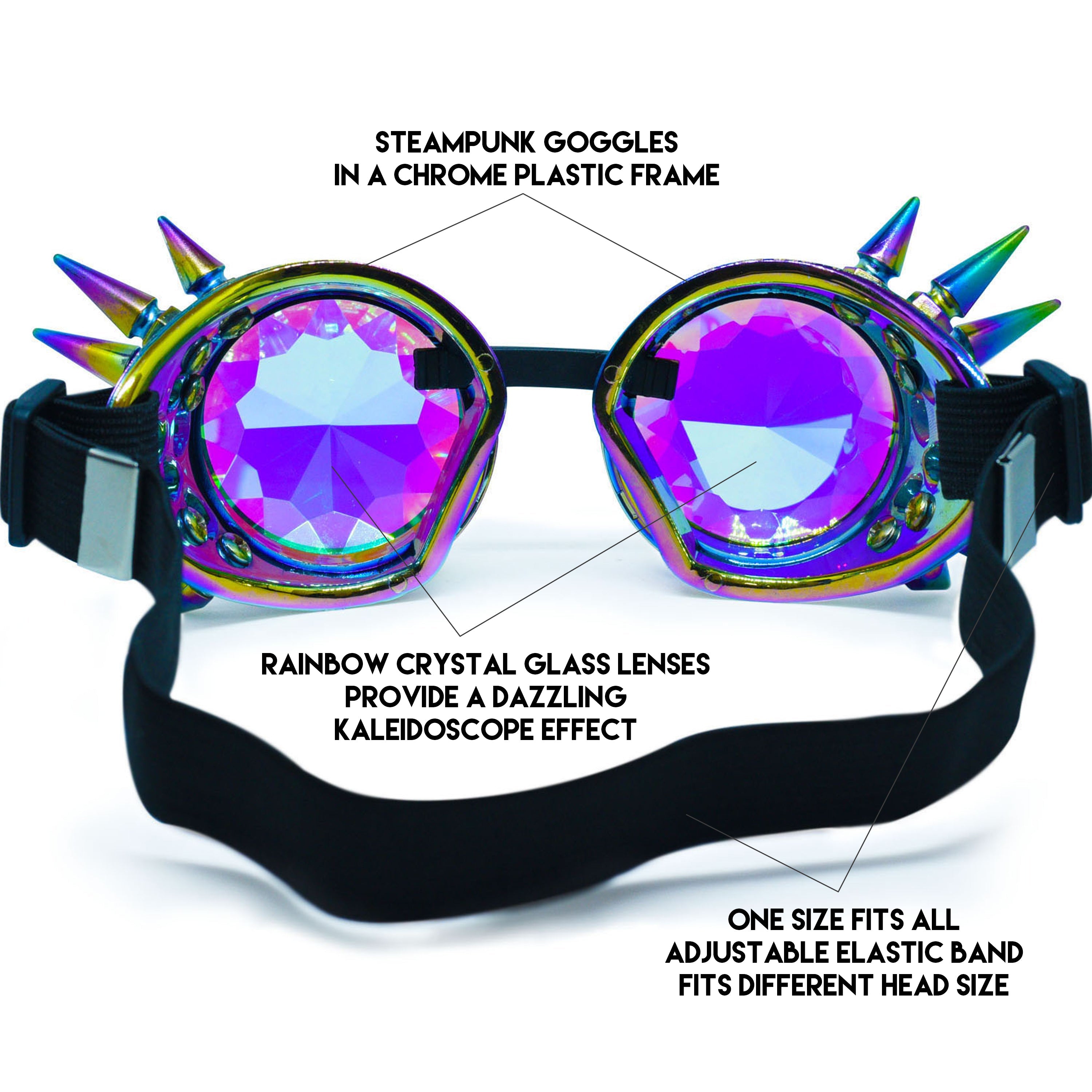 Steampunk Goggles and Kaleidoscope Glasses featuring rainbow crystal lenses in a chrome plastic frame with spikes.