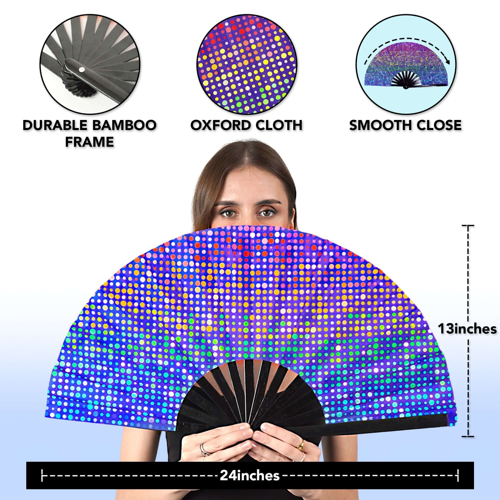 Festival Fans – Large folding fan with holographic design, perfect for rave outfits and summer festivals.
