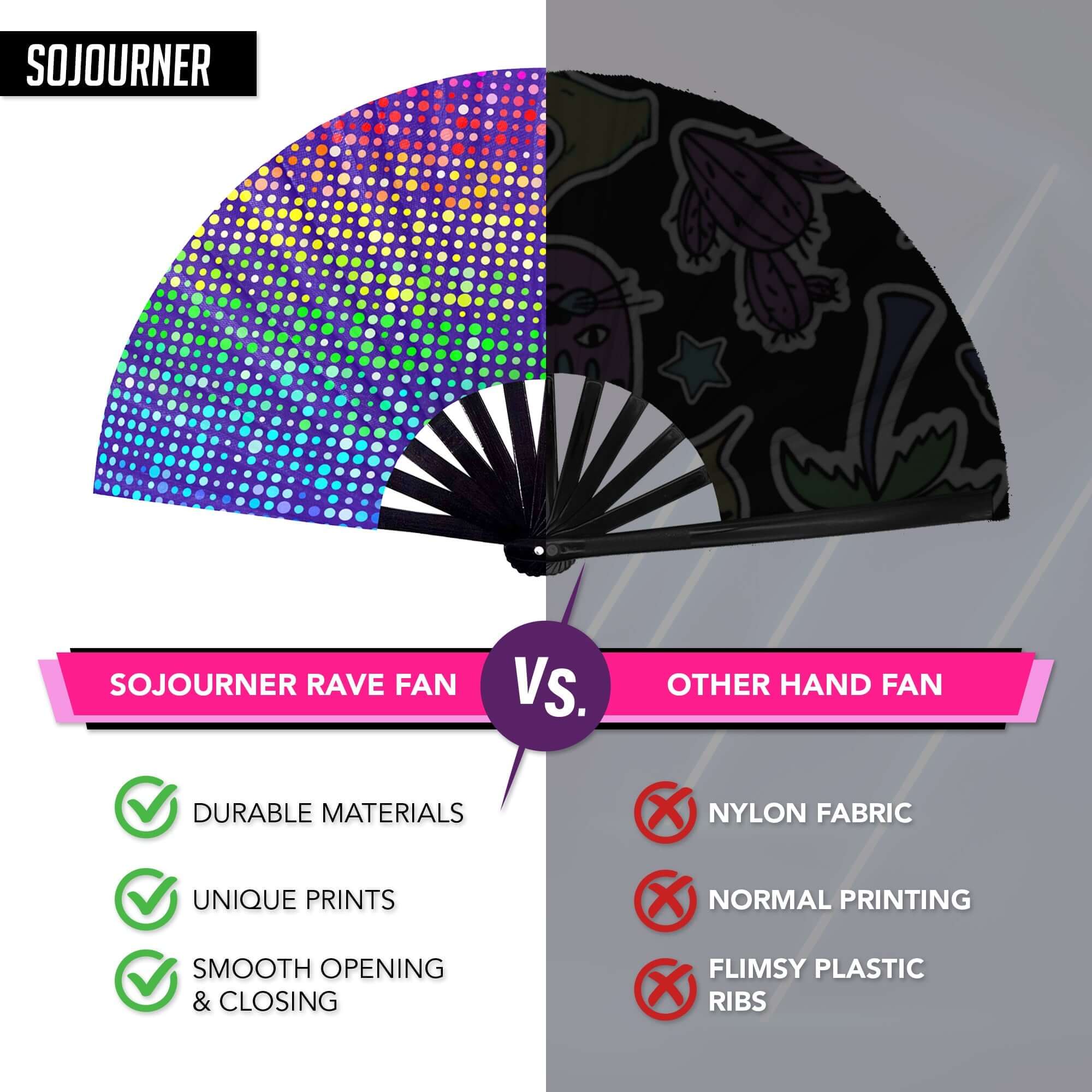 Comparison of SoJourner Festival Fans with other hand fans showing durability and unique designs.