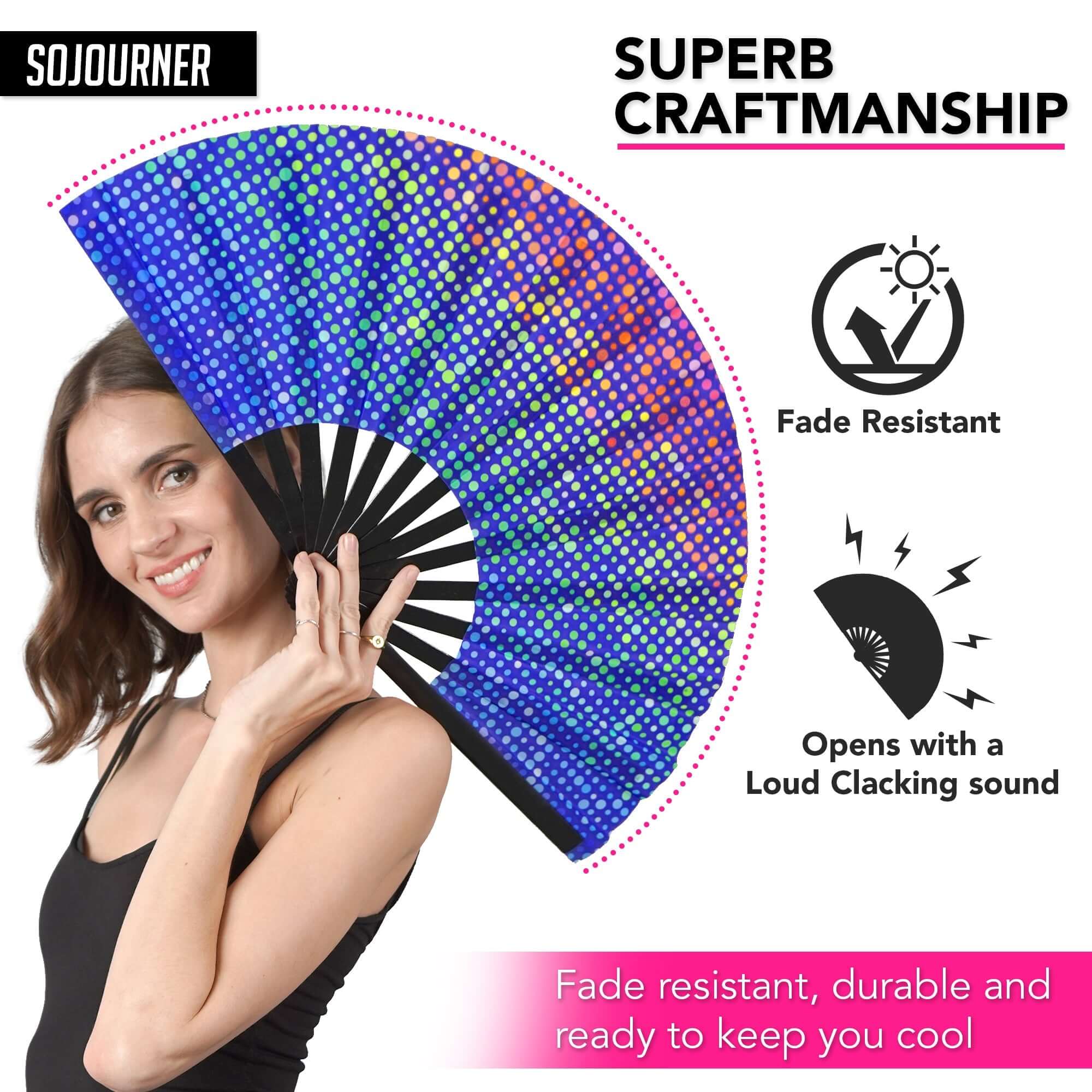 Festival Fans - Large folding fan with vibrant colors, perfect for rave outfits and keeping cool at festivals.