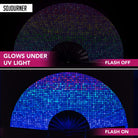 Festival Fans glowing under UV light, showcasing vibrant colors for rave outfits and festival fun.